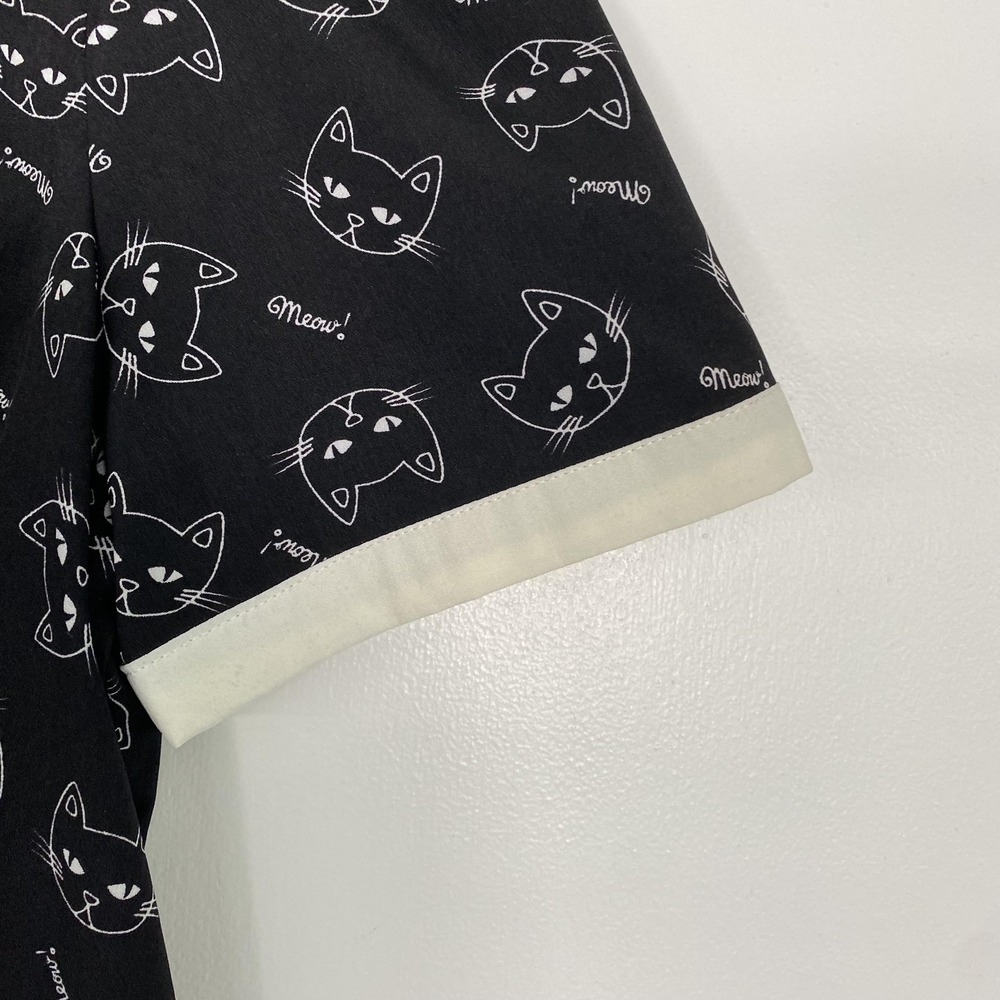Hell Bunny Shirt Womens Medium Black Cat Print Short Sleeve Button Top Novelty - Picture 2 of 13